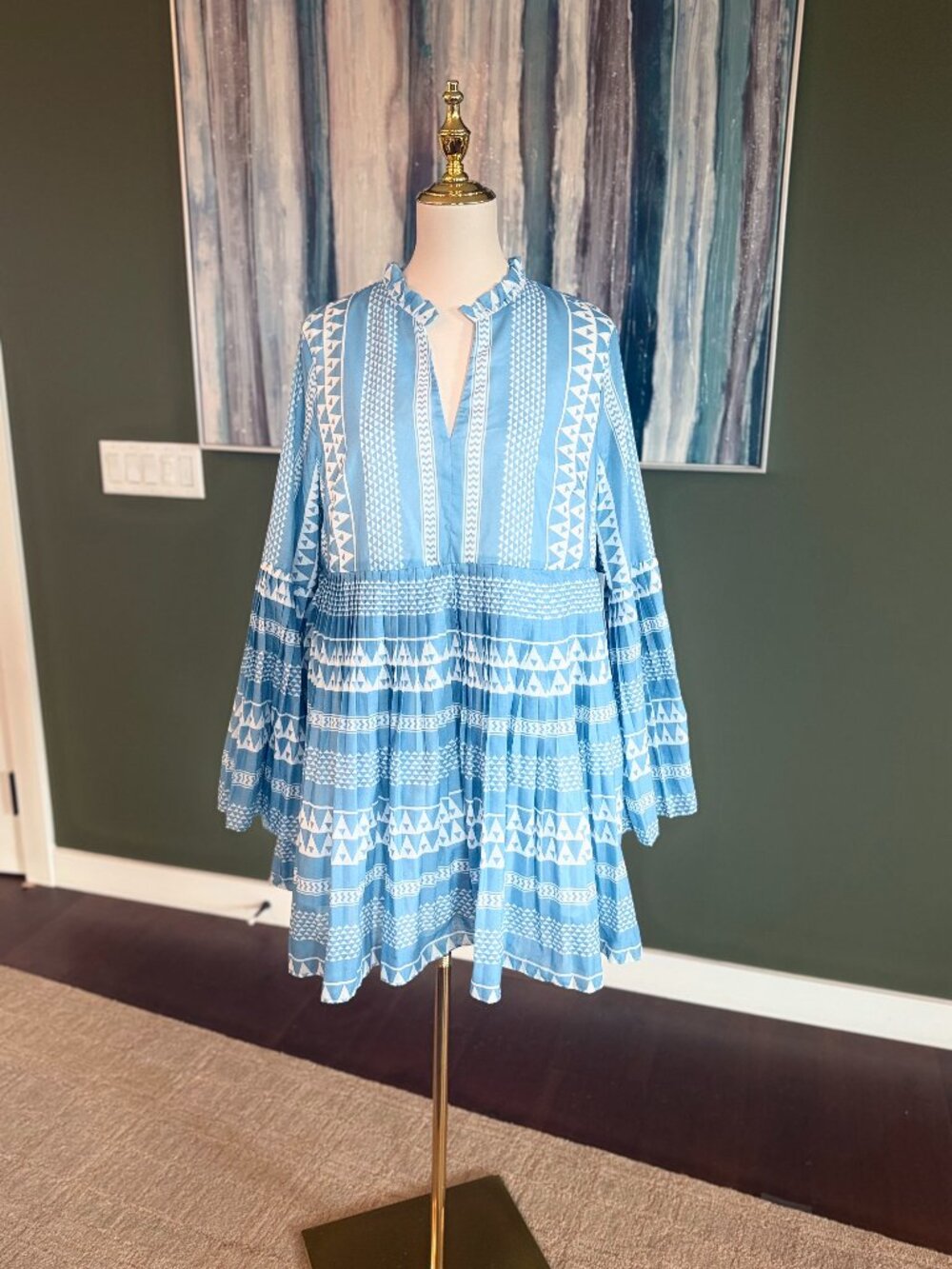 Hyacinth House Blue White Geometric Print Tiered Midi Dress Size XL NWT